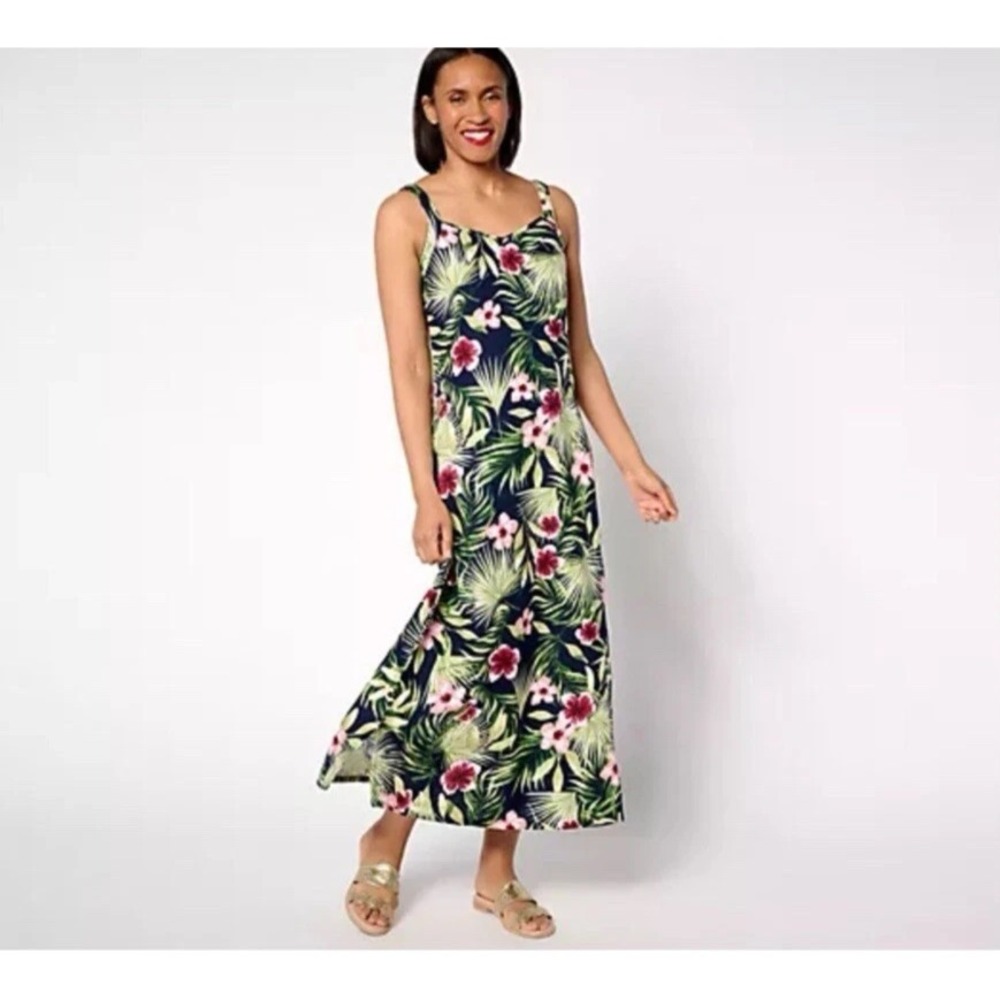 Denim & Co. Naturals Regular Printed Linen Blend Maxi Dress Navy 1X   #849Q